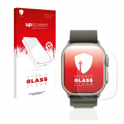 Parte frontal de un envase de producto con el logotipo de la marca upscreen. Al lado se muestra el dispositivo Apple Watch Ult