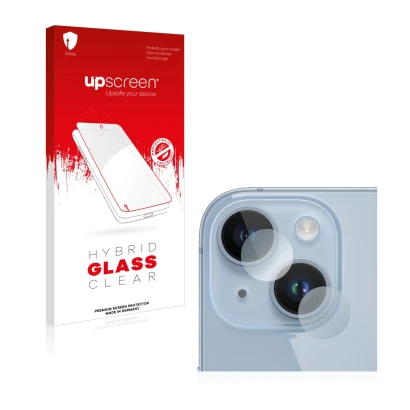 Parte frontal de un envase de producto con el logotipo de la marca upscreen. Al lado se muestra el dispositivo Apple iPhone 14