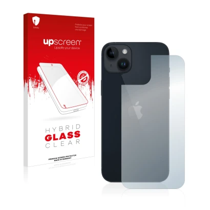 Parte frontal de un envase de producto con el logotipo de la marca upscreen. Al lado se muestra el dispositivo Apple iPhone 14