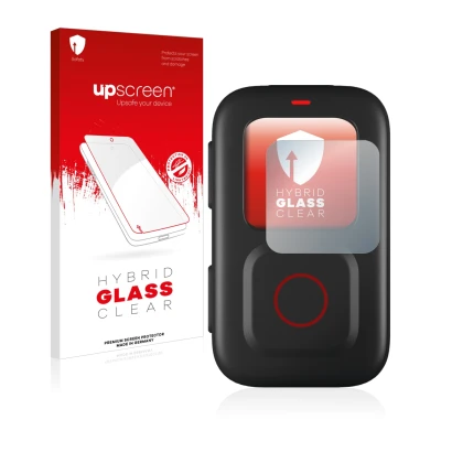 Parte frontal de un envase de producto con el logotipo de la marca upscreen. Al lado se muestra el dispositivo GoPro Remote co