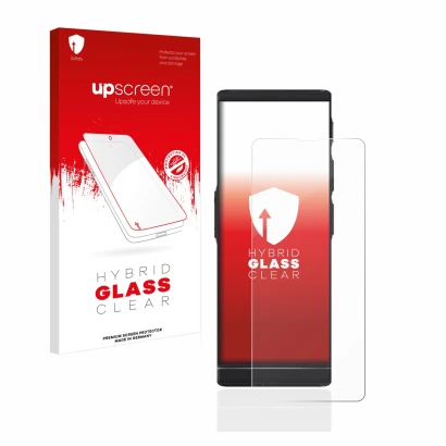 Parte frontal de un envase de producto con el logotipo de la marca upscreen. Al lado se muestra el dispositivo Vasco Translato