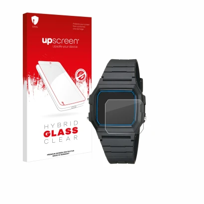 Parte frontal de un envase de producto con el logotipo de la marca upscreen. Al lado se muestra el dispositivo Casio F-105W-1A