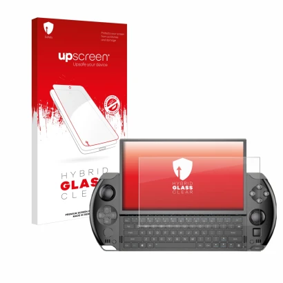 Parte frontal de un envase de producto con el logotipo de la marca upscreen. Al lado se muestra el dispositivo GPD Win 4 con s