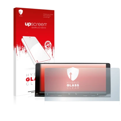 Parte frontal de un envase de producto con el logotipo de la marca upscreen. Al lado se muestra el dispositivo Volkswagen T7 M