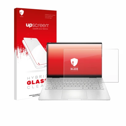 Parte frontal de un envase de producto con el logotipo de la marca upscreen. Al lado se muestra el dispositivo HP Pavilion x36