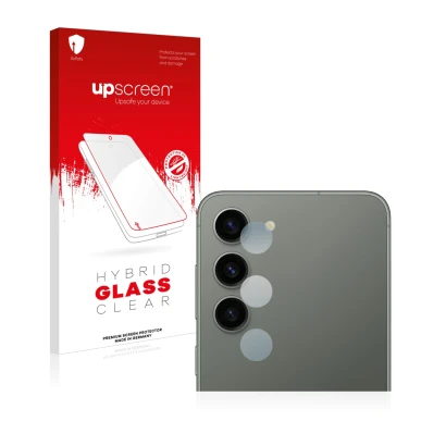 Parte frontal de un envase de producto con el logotipo de la marca upscreen. Al lado se muestra el dispositivo Samsung Galaxy 