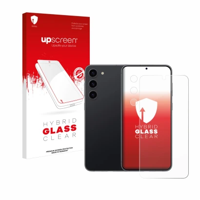 Parte frontal de un envase de producto con el logotipo de la marca upscreen. Al lado se muestra el dispositivo Samsung Galaxy 