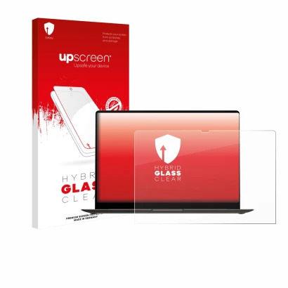 Parte frontal de un envase de producto con el logotipo de la marca upscreen. Al lado se muestra el dispositivo Samsung Galaxy