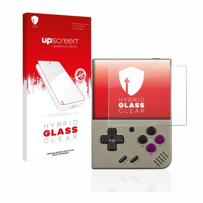 Parte frontal de un envase de producto con el logotipo de la marca upscreen. Al lado se muestra el dispositivo Miyoo Mini Plus