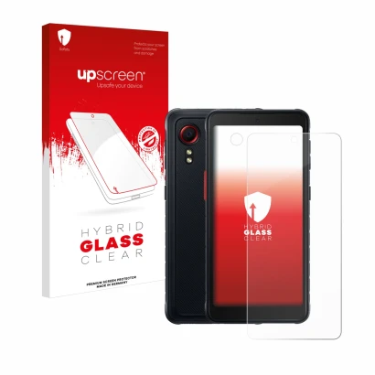 Parte frontal de un envase de producto con el logotipo de la marca upscreen. Al lado se muestra el dispositivo Samsung Galaxy 