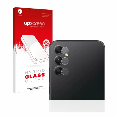 Parte frontal de un envase de producto con el logotipo de la marca upscreen. Al lado se muestra el dispositivo Samsung Galaxy 