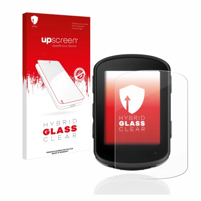 Parte frontal de un envase de producto con el logotipo de la marca upscreen. Al lado se muestra el dispositivo Garmin Edge 840