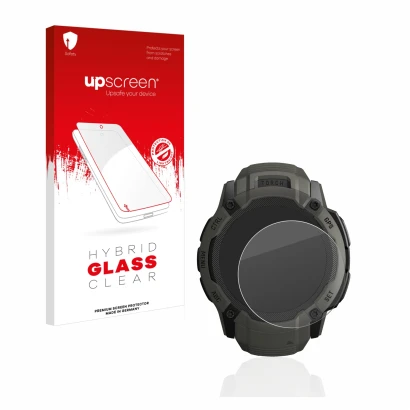 Parte frontal de un envase de producto con el logotipo de la marca upscreen. Al lado se muestra el dispositivo Garmin Instinct