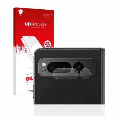 Parte frontal de un envase de producto con el logotipo de la marca upscreen. Al lado se muestra el dispositivo Google Pixel Fo