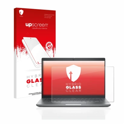 Parte frontal de un envase de producto con el logotipo de la marca upscreen. Al lado se muestra el dispositivo Dell Latitude 5