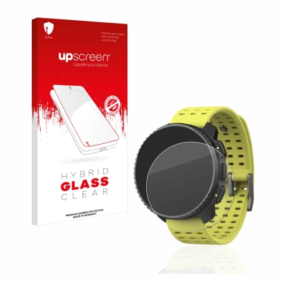 Parte frontal de un envase de producto con el logotipo de la marca upscreen. Al lado se muestra el dispositivo Suunto Vertical