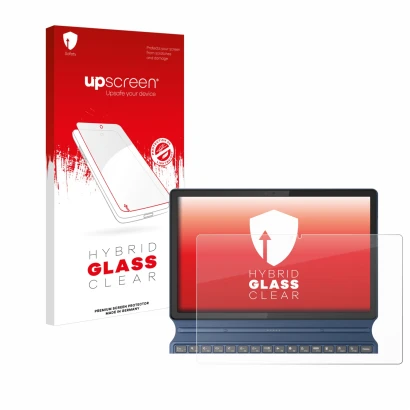 Parte frontal de un envase de producto con el logotipo de la marca upscreen. Al lado se muestra el dispositivo Lenovo IdeaPad 
