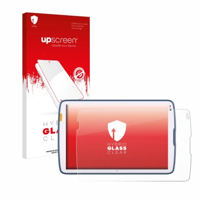 Parte frontal de un envase de producto con el logotipo de la marca upscreen. Al lado se muestra el dispositivo Zebra ET40 10.1