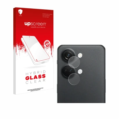 Parte frontal de un envase de producto con el logotipo de la marca upscreen. Al lado se muestra el dispositivo OnePlus Nord 3 
