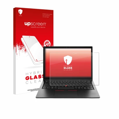 Parte frontal de un envase de producto con el logotipo de la marca upscreen. Al lado se muestra el dispositivo Lenovo ThinkPad