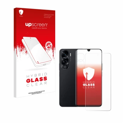 Parte frontal de un envase de producto con el logotipo de la marca upscreen. Al lado se muestra el dispositivo Honor 90 Lite (