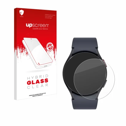 Parte frontal de un envase de producto con el logotipo de la marca upscreen. Al lado se muestra el dispositivo Samsung Galaxy 