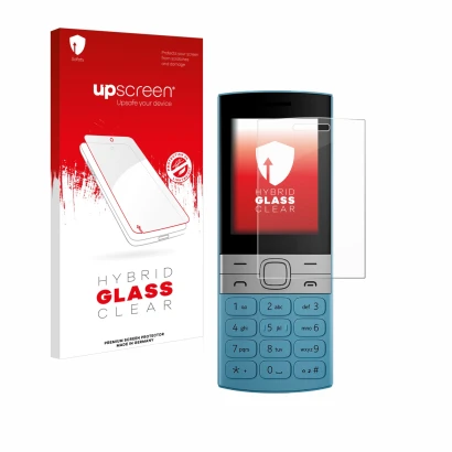 Parte frontal de un envase de producto con el logotipo de la marca upscreen. Al lado se muestra el dispositivo Nokia 150 (2023