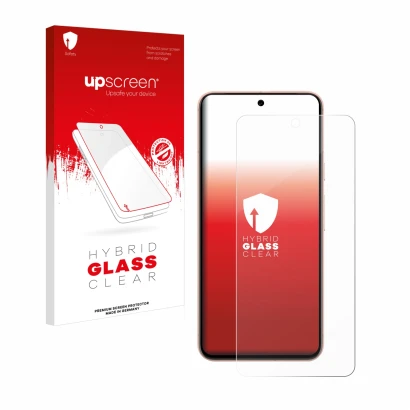 Parte frontal de un envase de producto con el logotipo de la marca upscreen. Al lado se muestra el dispositivo Google Pixel 8