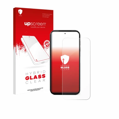 Parte frontal de un envase de producto con el logotipo de la marca upscreen. Al lado se muestra el dispositivo Fairphone 5 con