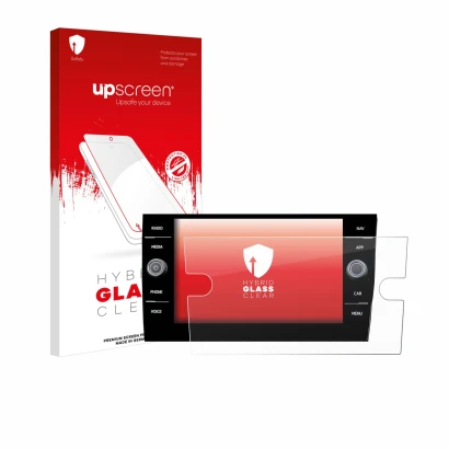 Parte frontal de un envase de producto con el logotipo de la marca upscreen. Al lado se muestra el dispositivo Volkswagen Taig