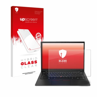 Parte frontal de un envase de producto con el logotipo de la marca upscreen. Al lado se muestra el dispositivo Lenovo ThinkPad