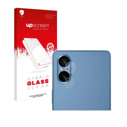 Parte frontal de un envase de producto con el logotipo de la marca upscreen. Al lado se muestra el dispositivo Sony Xperia 5 V