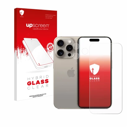 Parte frontal de un envase de producto con el logotipo de la marca upscreen. Al lado se muestra el dispositivo Apple iPhone 15