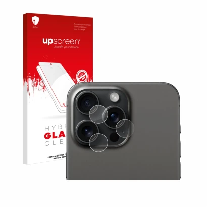 Parte frontal de un envase de producto con el logotipo de la marca upscreen. Al lado se muestra el dispositivo Apple iPhone 15