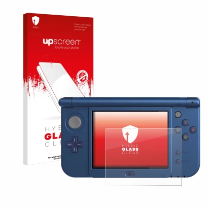 Parte frontal de un envase de producto con el logotipo de la marca upscreen. Al lado se muestra el dispositivo Nintendo New 3D