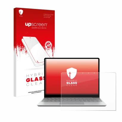Parte frontal de un envase de producto con el logotipo de la marca upscreen. Al lado se muestra el dispositivo Microsoft Surfa