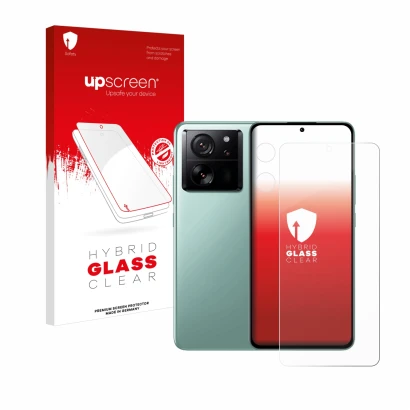Parte frontal de un envase de producto con el logotipo de la marca upscreen. Al lado se muestra el dispositivo Xiaomi 13T Pro 