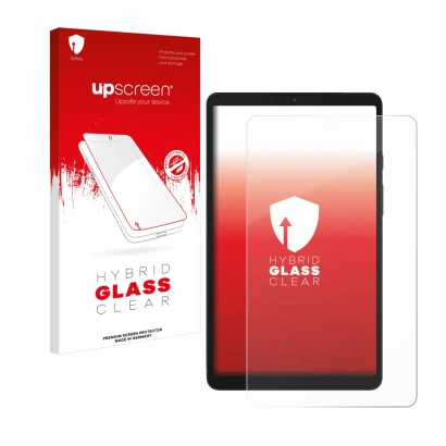 Parte frontal de un envase de producto con el logotipo de la marca upscreen. Al lado se muestra el dispositivo Samsung Galaxy 