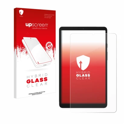 Parte frontal de un envase de producto con el logotipo de la marca upscreen. Al lado se muestra el dispositivo Samsung Galaxy 