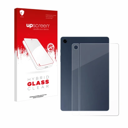 Parte frontal de un envase de producto con el logotipo de la marca upscreen. Al lado se muestra el dispositivo Samsung Galaxy 