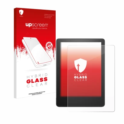 Parte frontal de un envase de producto con el logotipo de la marca upscreen. Al lado se muestra el dispositivo Amazon Kindle P