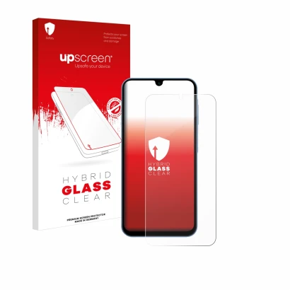Parte frontal de un envase de producto con el logotipo de la marca upscreen. Al lado se muestra el dispositivo Samsung Galaxy