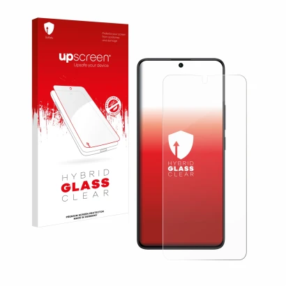 Parte frontal de un envase de producto con el logotipo de la marca upscreen. Al lado se muestra el dispositivo Xiaomi Redmi No