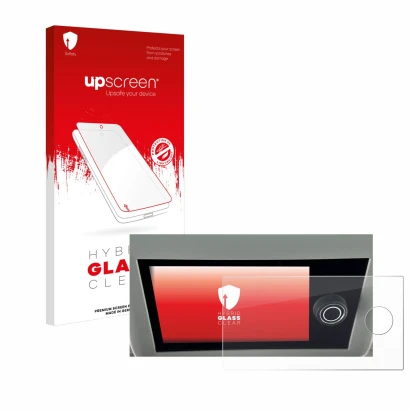 Parte frontal de un envase de producto con el logotipo de la marca upscreen. Al lado se muestra el dispositivo Volkswagen Cali