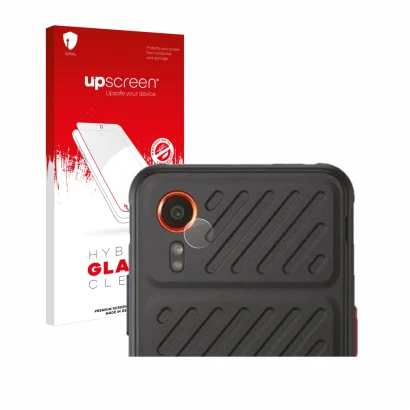 Parte frontal de un envase de producto con el logotipo de la marca upscreen. Al lado se muestra el dispositivo Samsung Galaxy 