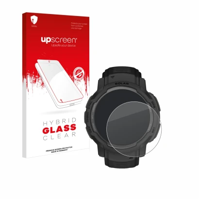 Parte frontal de un envase de producto con el logotipo de la marca upscreen. Al lado se muestra el dispositivo Garmin Instinct