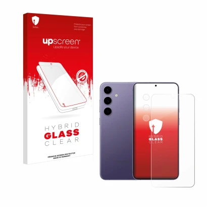 Parte frontal de un envase de producto con el logotipo de la marca upscreen. Al lado se muestra el dispositivo Samsung Galaxy 