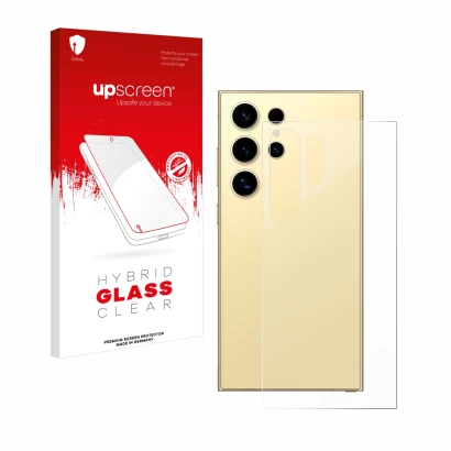 Parte frontal de un envase de producto con el logotipo de la marca upscreen. Al lado se muestra el dispositivo Samsung Galaxy 