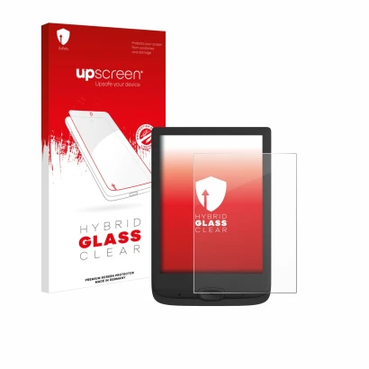Parte frontal de un envase de producto con el logotipo de la marca upscreen. Al lado se muestra el dispositivo PocketBook Basi