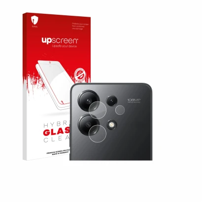 Parte frontal de un envase de producto con el logotipo de la marca upscreen. Al lado se muestra el dispositivo Xiaomi Redmi No